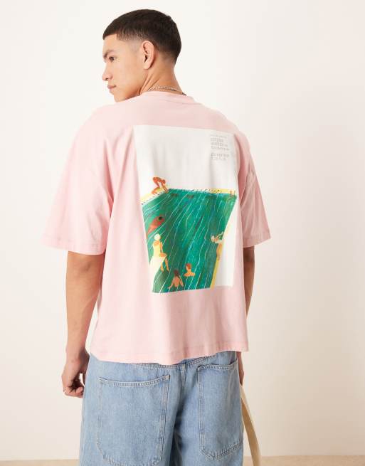 ASOS DESIGN – Różowy T-shirt oversize o pudełkowym kroju z obniżoną linią ramion i grafiką sportową