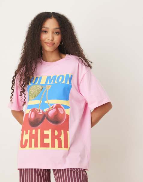 ASOS DESIGN – Różowy T-shirt oversize z grafiką z wiśniami - view 1