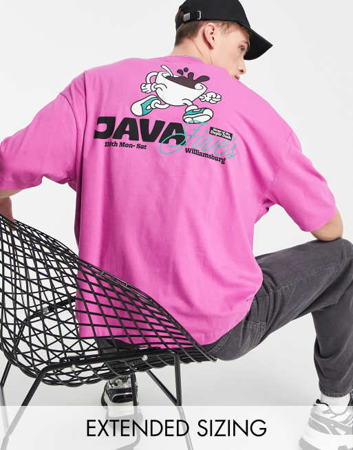 ASOS DESIGN – Różowy T-shirt oversize z kreskówkowym nadrukiem na plecach