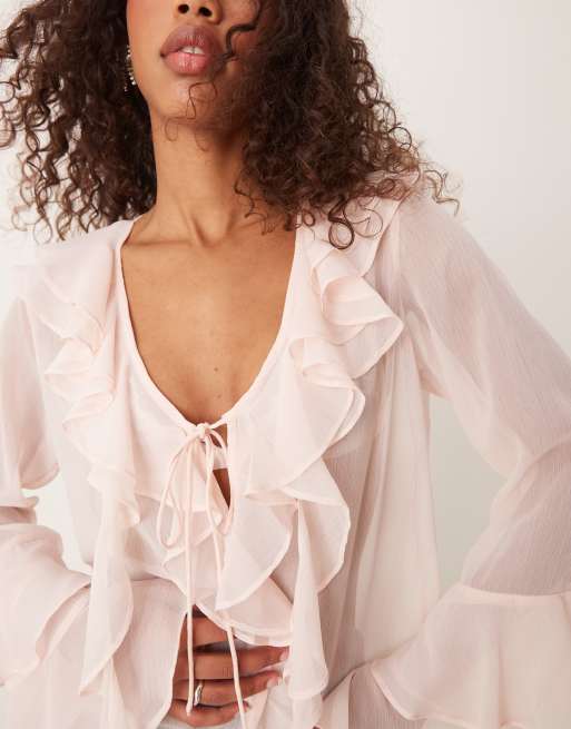 ASOS DESIGN – Różowy top z długimi rękawami i falbanką, 2 z 4