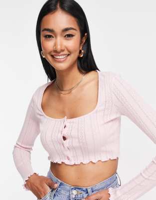 ASOS DESIGN – Różowy zapinany na guziki top o splocie pointelle