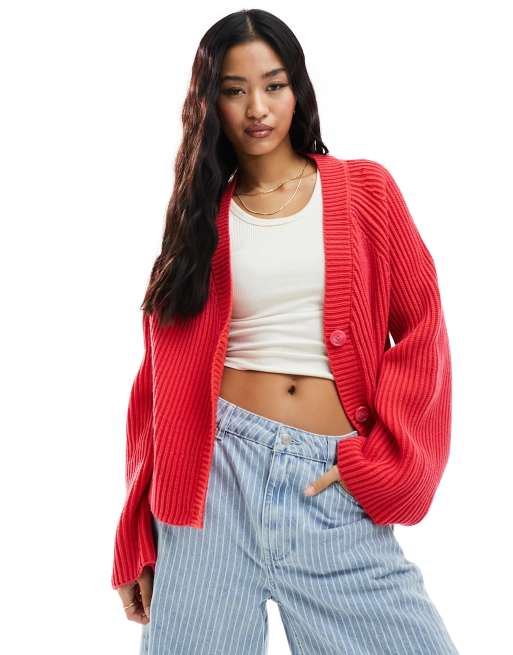 ASOS DESIGN – Różowy zapinany z przodu na guziki kardigan z dekoltem w szpic z plisowanej przędzy