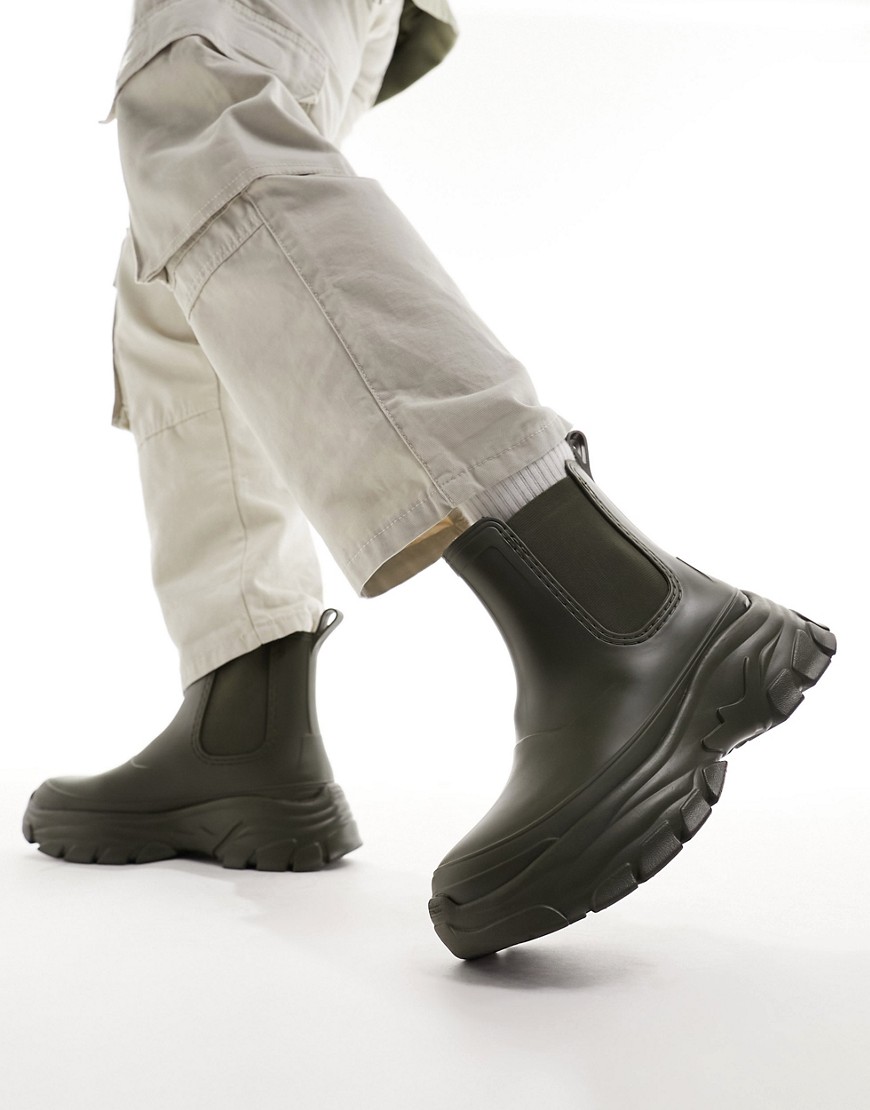 Asos Design Rubber Boots In Khaki-green