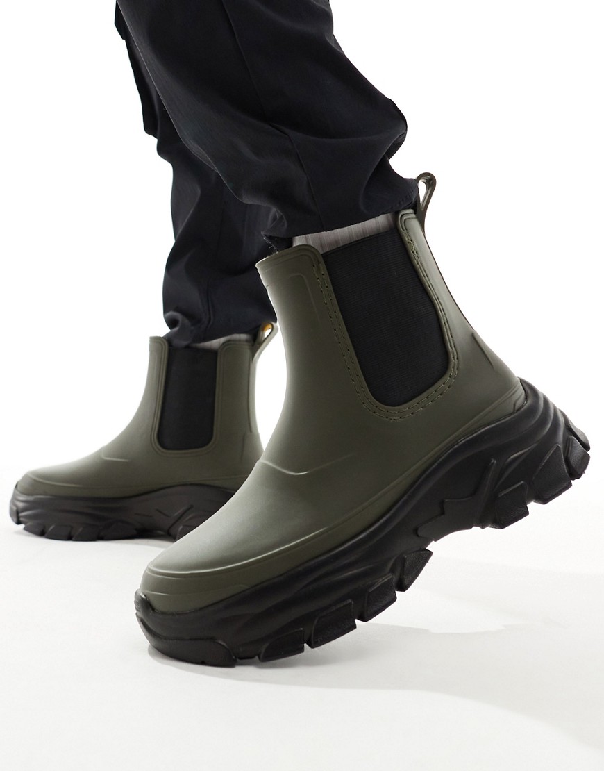Asos Design Rubber Boots In Khaki-green