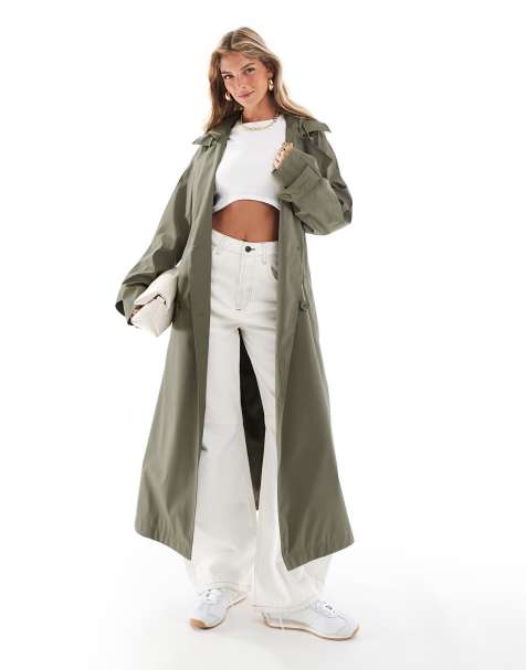 ASOS DESIGN - Rubberen regen trenchcoat met capuchon en riem in kaki - view 1