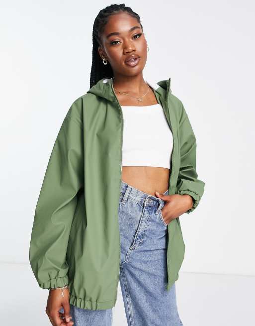 ASOS DESIGN rubberised bomber rain jacket in khaki