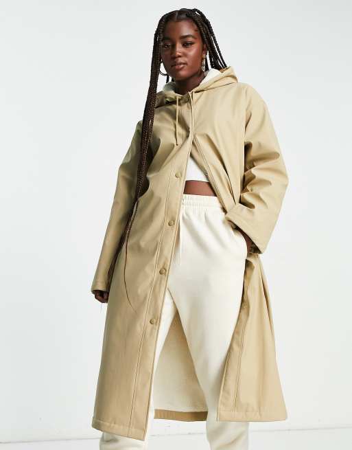 ASOS DESIGN rubberised borg lined rain coat in stone