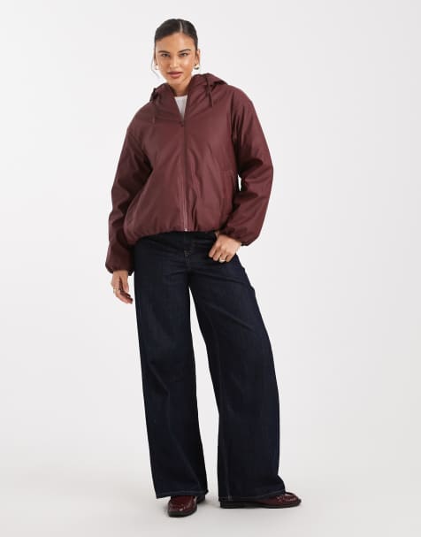 ASOS DESIGN rubberised hooded rainwear bomber jacket in burgundy
