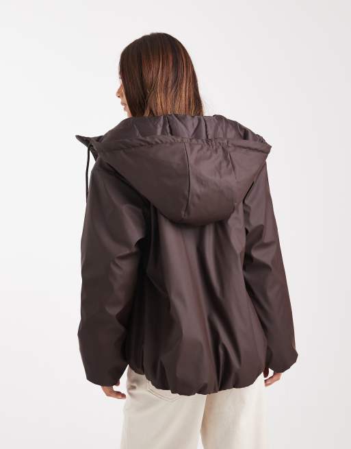 ASOS DESIGN rubberised hooded rainwear bomber jacket in chocolate