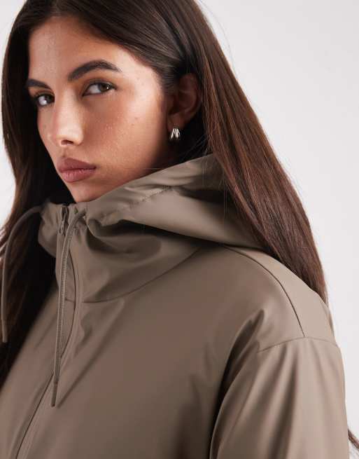 ASOS DESIGN rubberised hooded rainwear bomber jacket in mushroom, 3 of 4