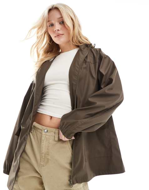 ASOS DESIGN rubberised rain coat in chocolate - view 1