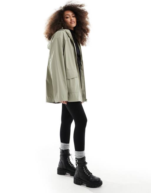 ASOS DESIGN rubberised rain coat in sage is perfect for festivals. 