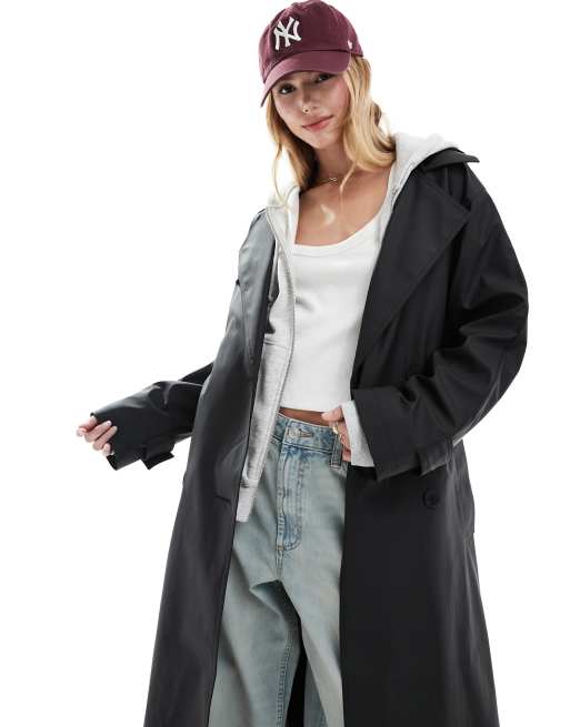 ASOS DESIGN rubberised rain hooded trench coat with belt detail in black