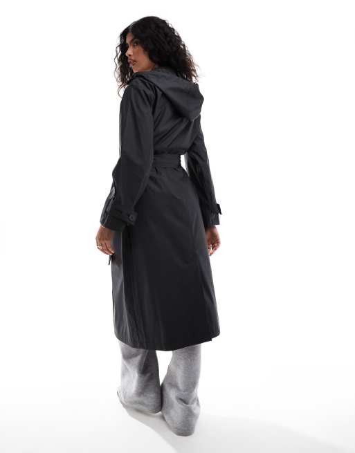 ASOS DESIGN rubberised rain hooded trench coat with belt detail in black