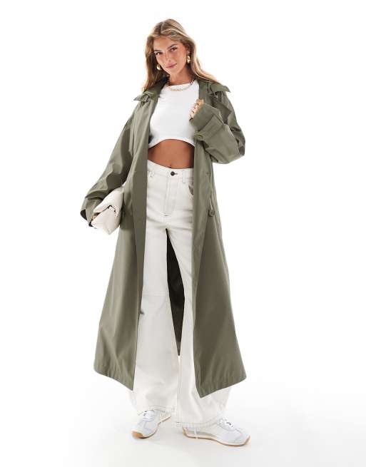 ASOS DESIGN rubberised rain hooded trench coat with belt detail in khaki