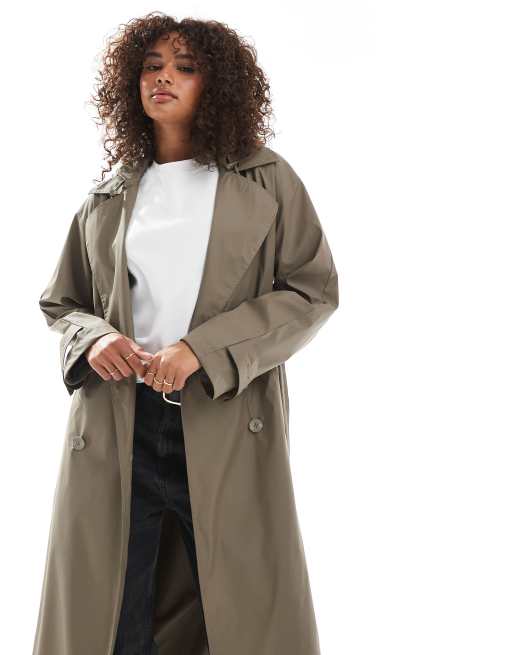 ASOS DESIGN rubberised rain hooded trench coat with belt detail in mushroom