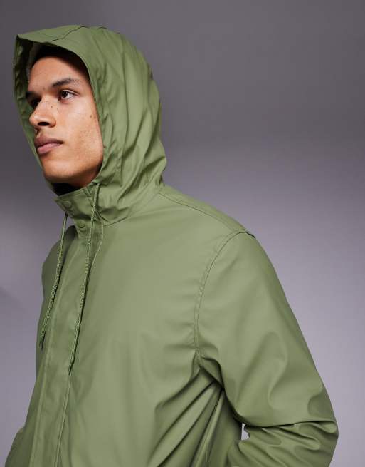ASOS DESIGN rubberised rain jacket with borg lining in khaki ASOS