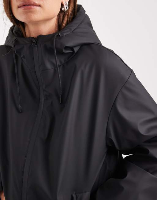 ASOS DESIGN rubberized hooded rainwear bomber jacket in black