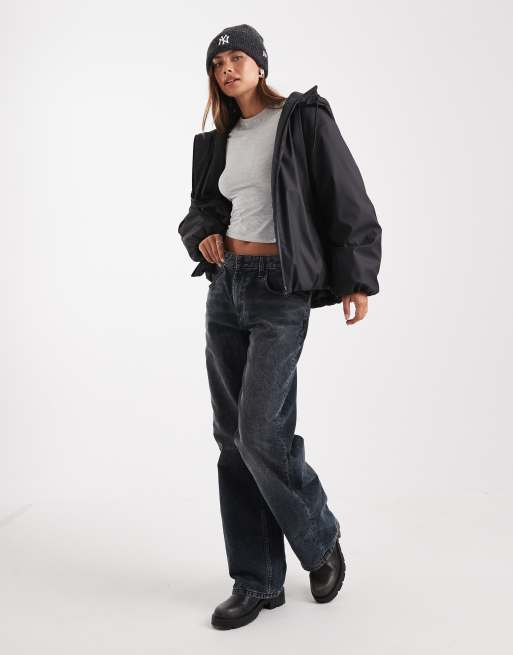 ASOS DESIGN rubberized hooded rainwear bomber jacket in black