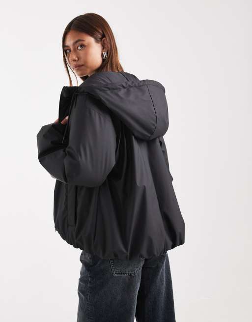 ASOS DESIGN rubberized hooded rainwear bomber jacket in black