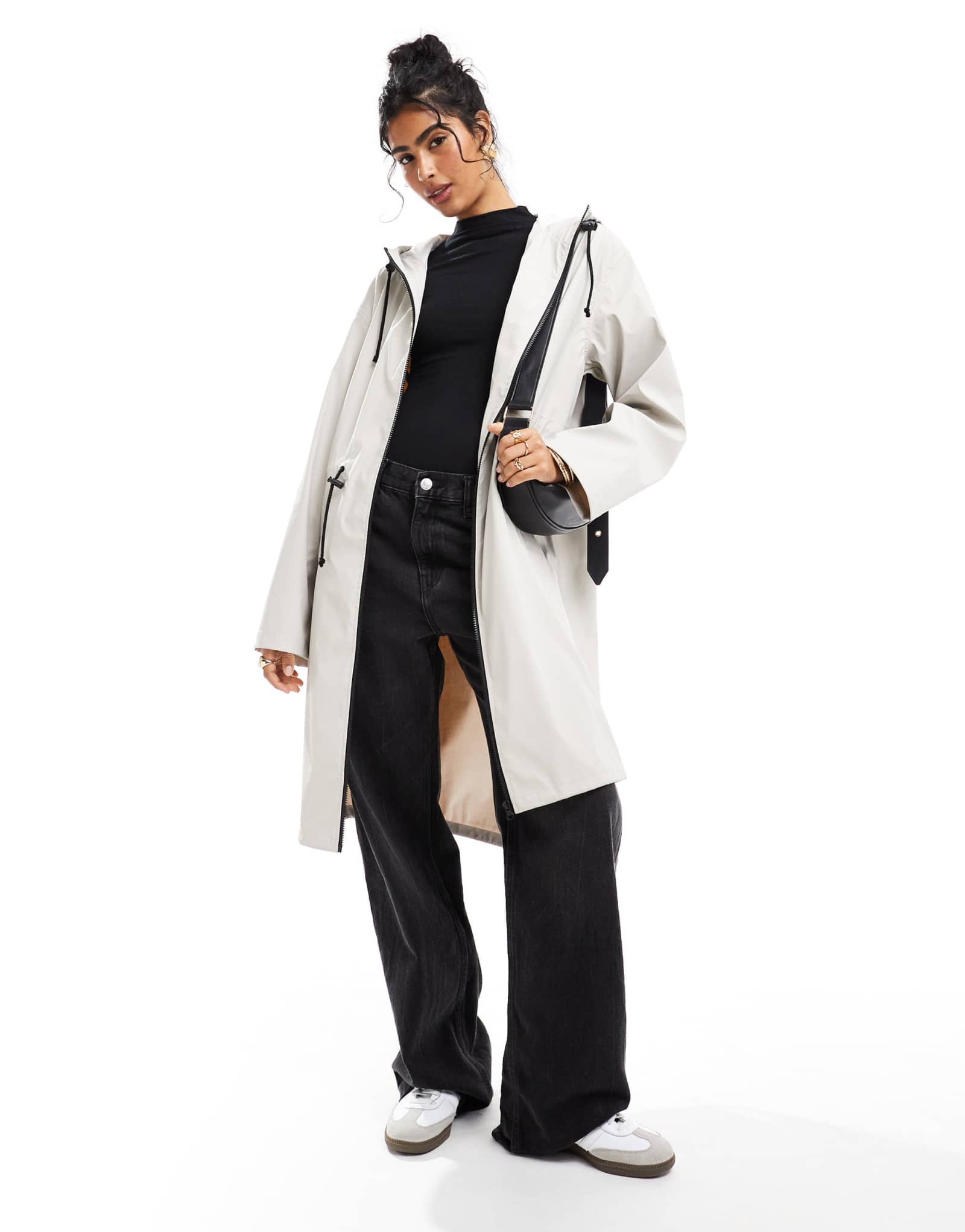 Удлиненная парка ASOS DESIGN из прорезиненного материала с завязками нейтрального цвета