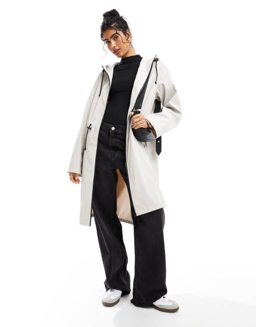 ASOS DESIGN rubberized longline parka with drawstring detail in neutral