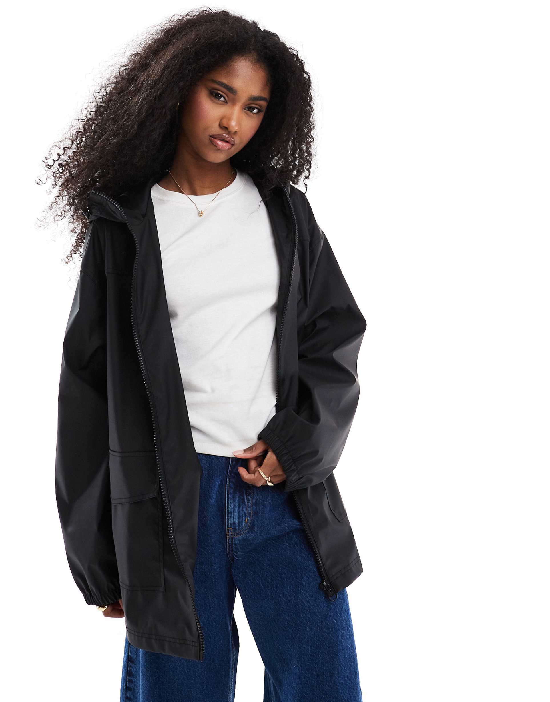 asos design rubberized rain coat in black