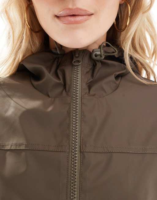 ASOS DESIGN rubberized rain coat in chocolate
