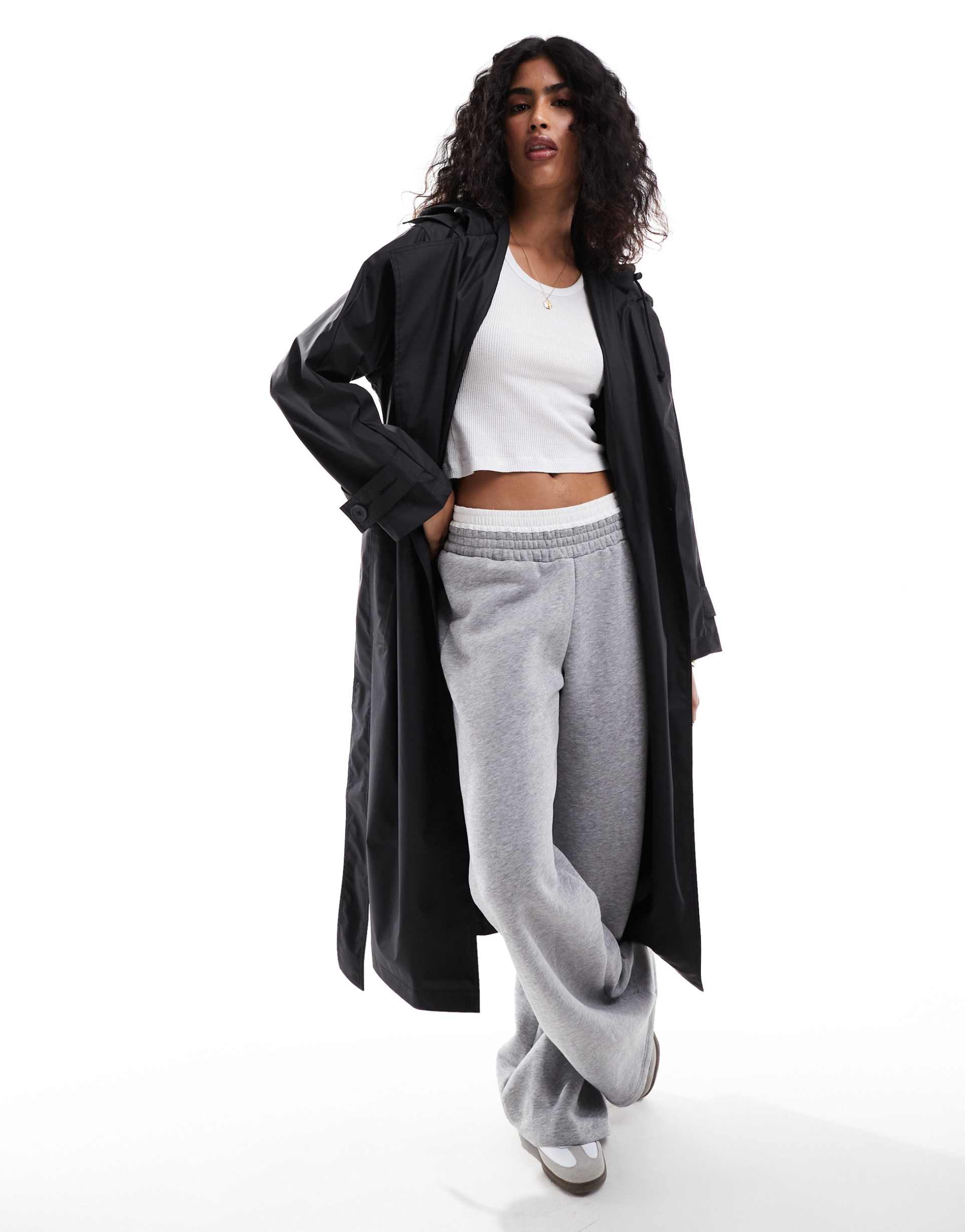 asos design rubberized rain hooded trench coat with belt detail in black