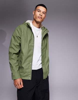Asos Design Rubberized Rain Jacket With Borg Lining In Khaki-green