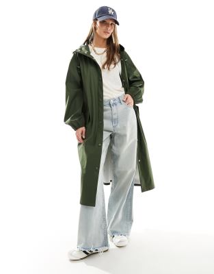 Asos Design Rubberized Rain Parka Coat In Khaki-green In Green