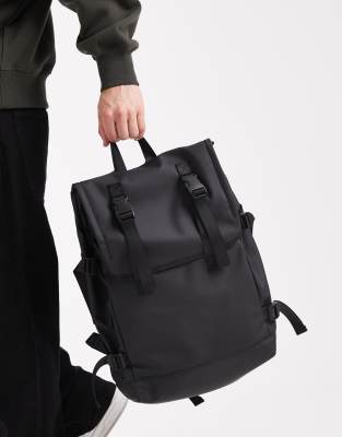 asos backpack in black faux leather with fold over top ASOS Design rubberized roll top backpack in Black