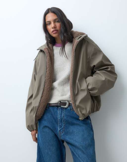 ASOS DESIGN rubberized shower resistant bomber jacket in neutral, 3 of 4