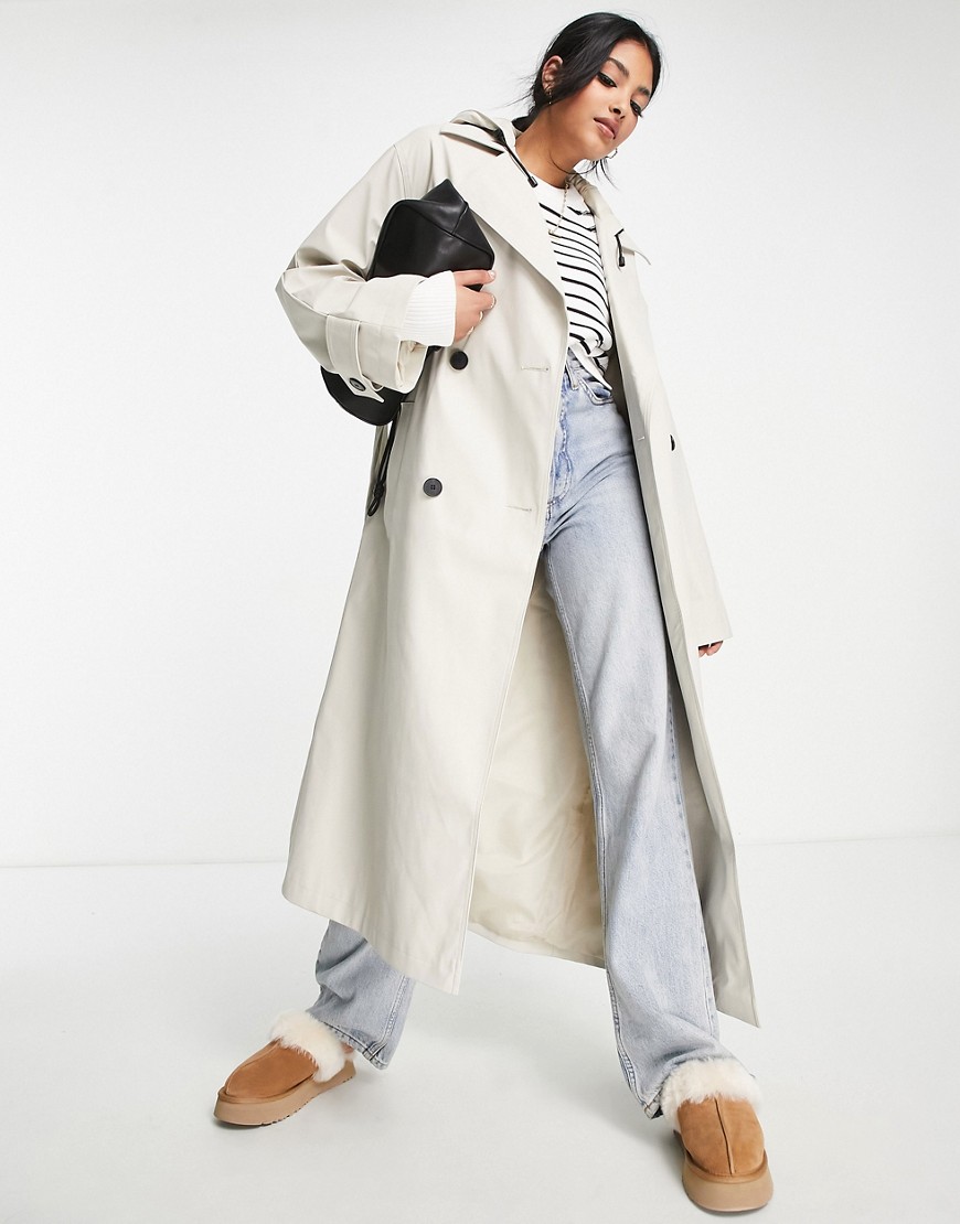 ASOS DESIGN rubberized trench coat in stone-Neutral