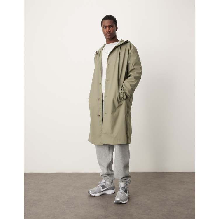 ASOS DESIGN rubberized trench coat with hood in khaki ASOS