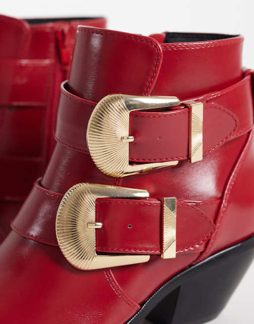 ASOS DESIGN Ruben boho buckle heeled ankle boots in red, 3 of 4