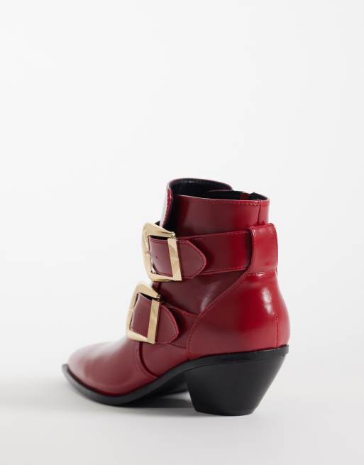 ASOS DESIGN Ruben boho buckle heeled ankle boots in red, 4 of 4