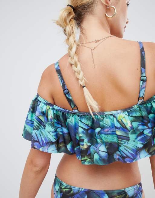 ASOS DESIGN - Ruche bardot push-up geveterde bikinitop DD-G in pauwenprint, 2 van 4