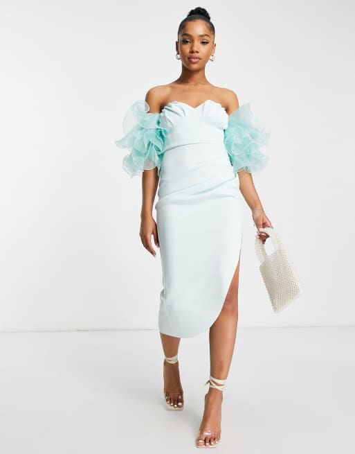 ASOS DESIGN ruche bust puff sleeve bardot midi dress in light blue