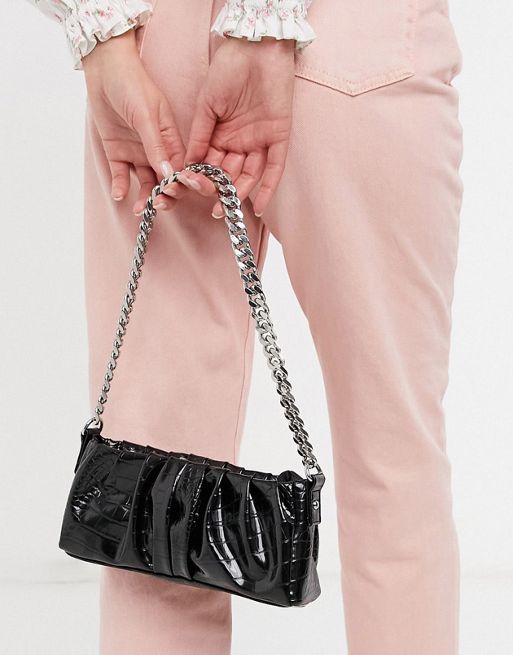 ASOS DESIGN black croc effect shoulder bag with chunky chain