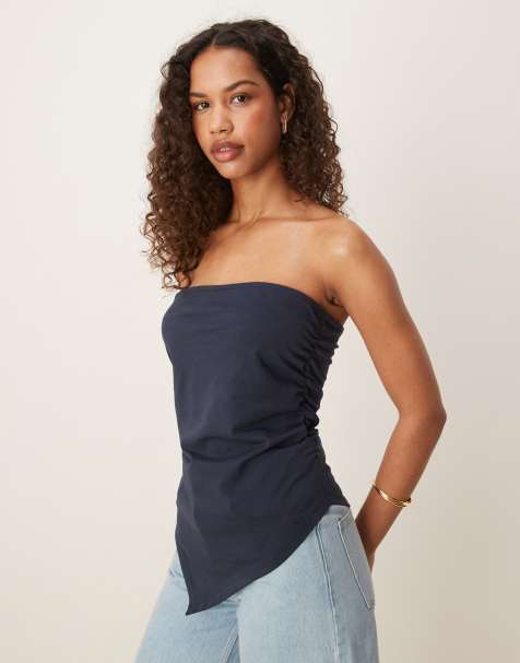 ASOS DESIGN ruched asymmetric bandeau in navy - view 1
