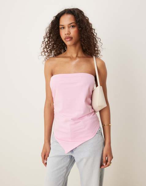 ASOS DESIGN ruched asymmetric bandeau in pink - view 1