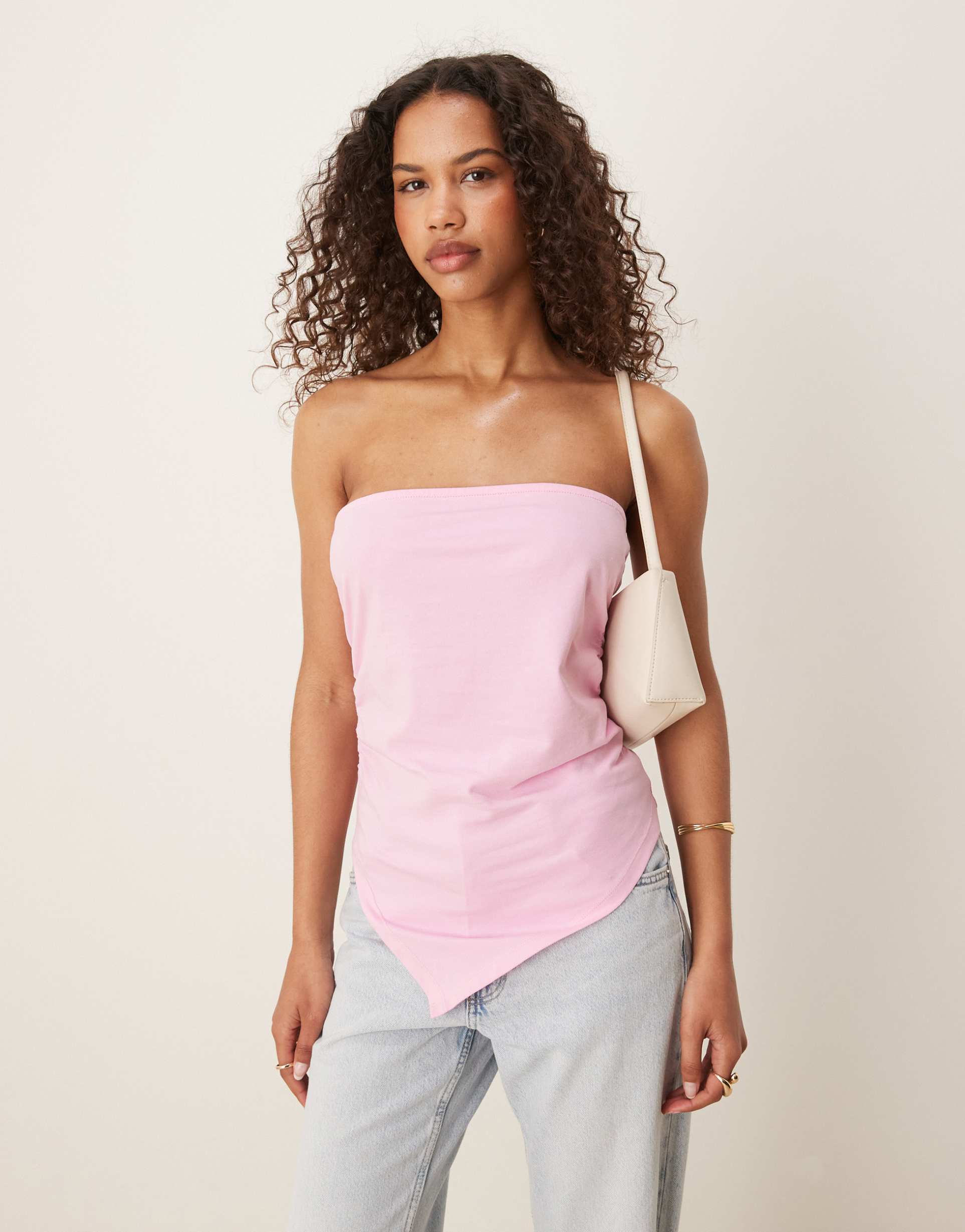 asos design ruched asymmetric bandeau in pink