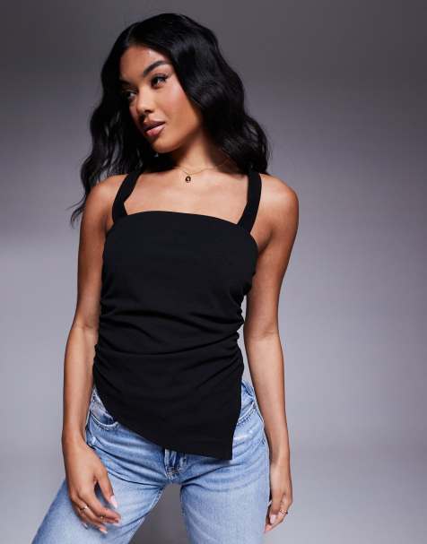 ASOS DESIGN ruched asymmetric halter neck top in black - view 1
