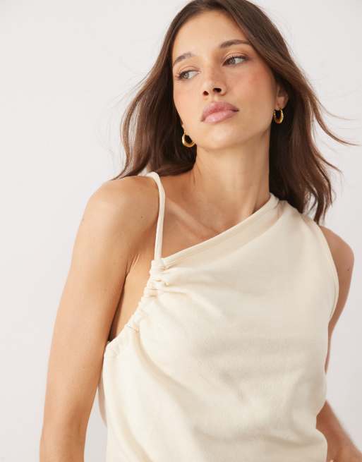ASOS DESIGN ruched asymmetric top co-ord in cream, 4 of 4