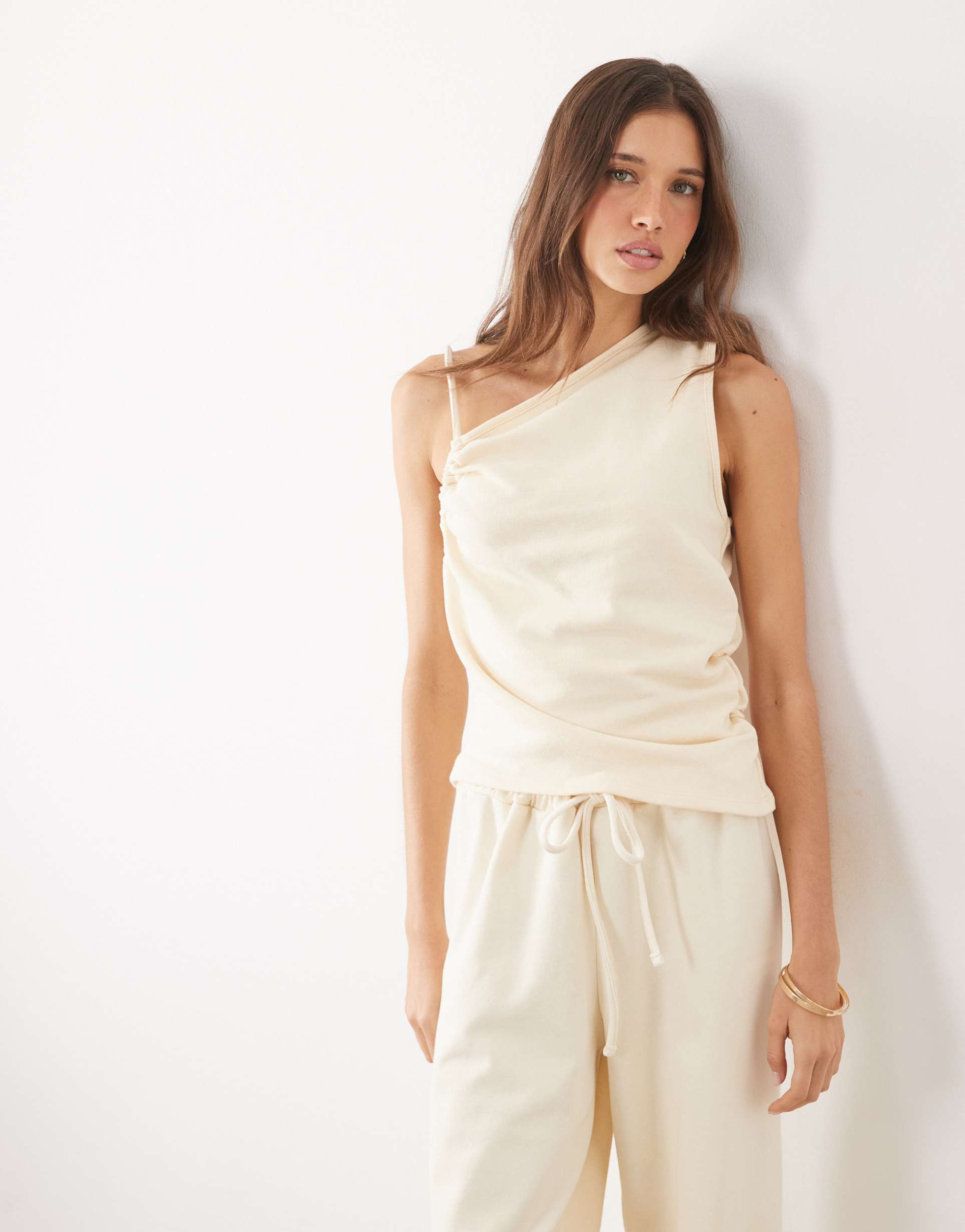 asos design ruched asymmetric top in cream - part of a set