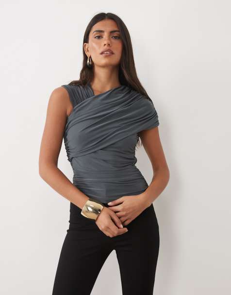 ASOS DESIGN ruched asymmetrical strap top in brown - view 1