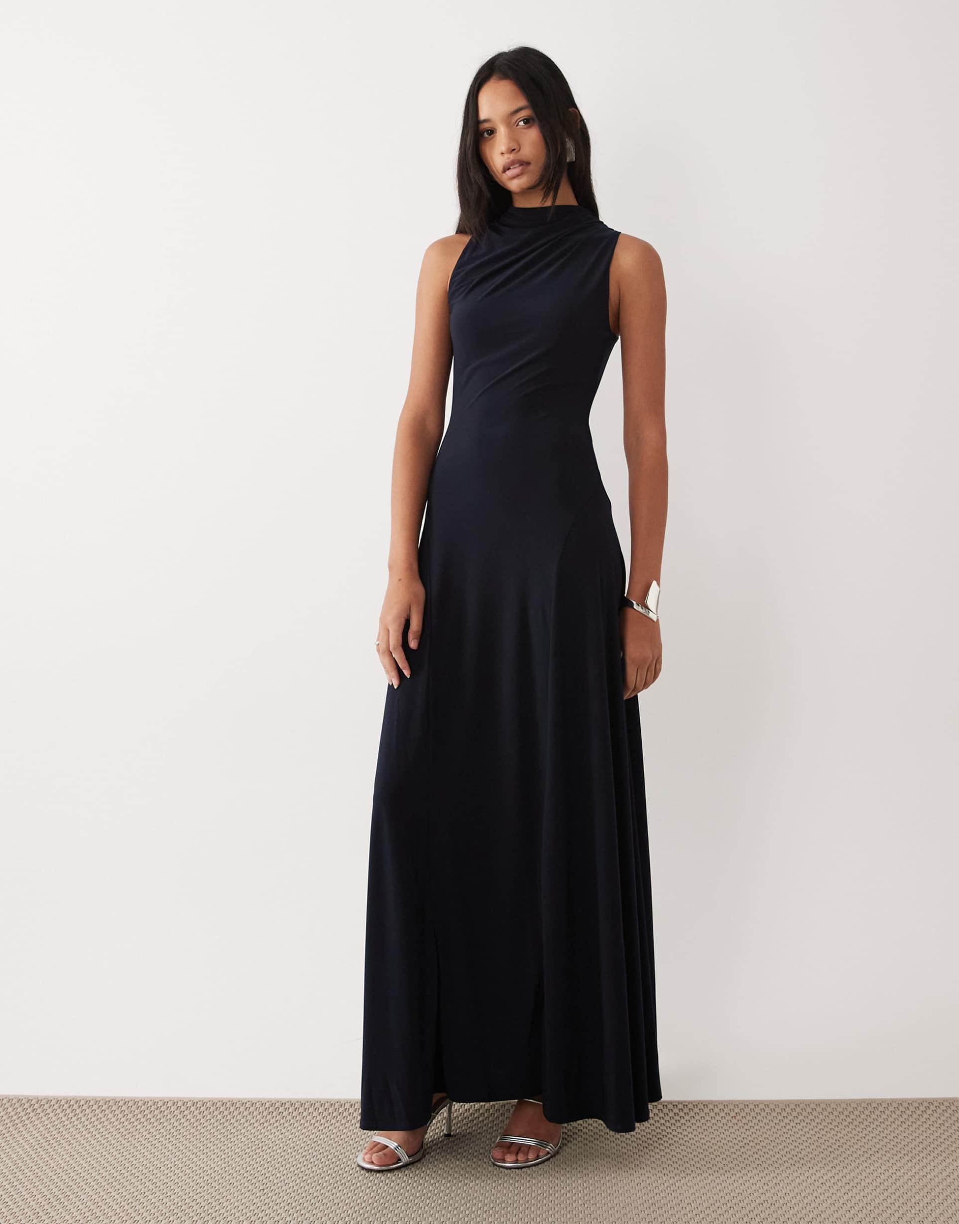 asos design ruched back channeled high neck maxi dress in navy