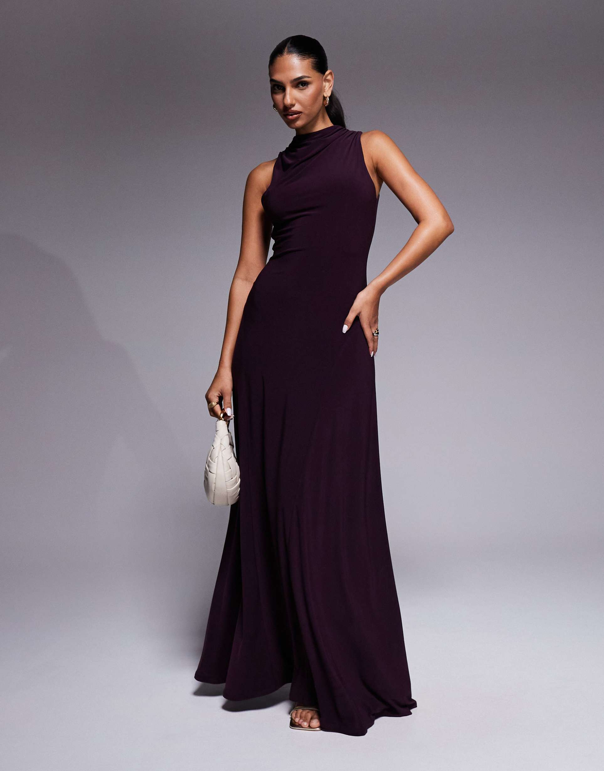 asos design ruched back channeled high neck maxi dress in plum