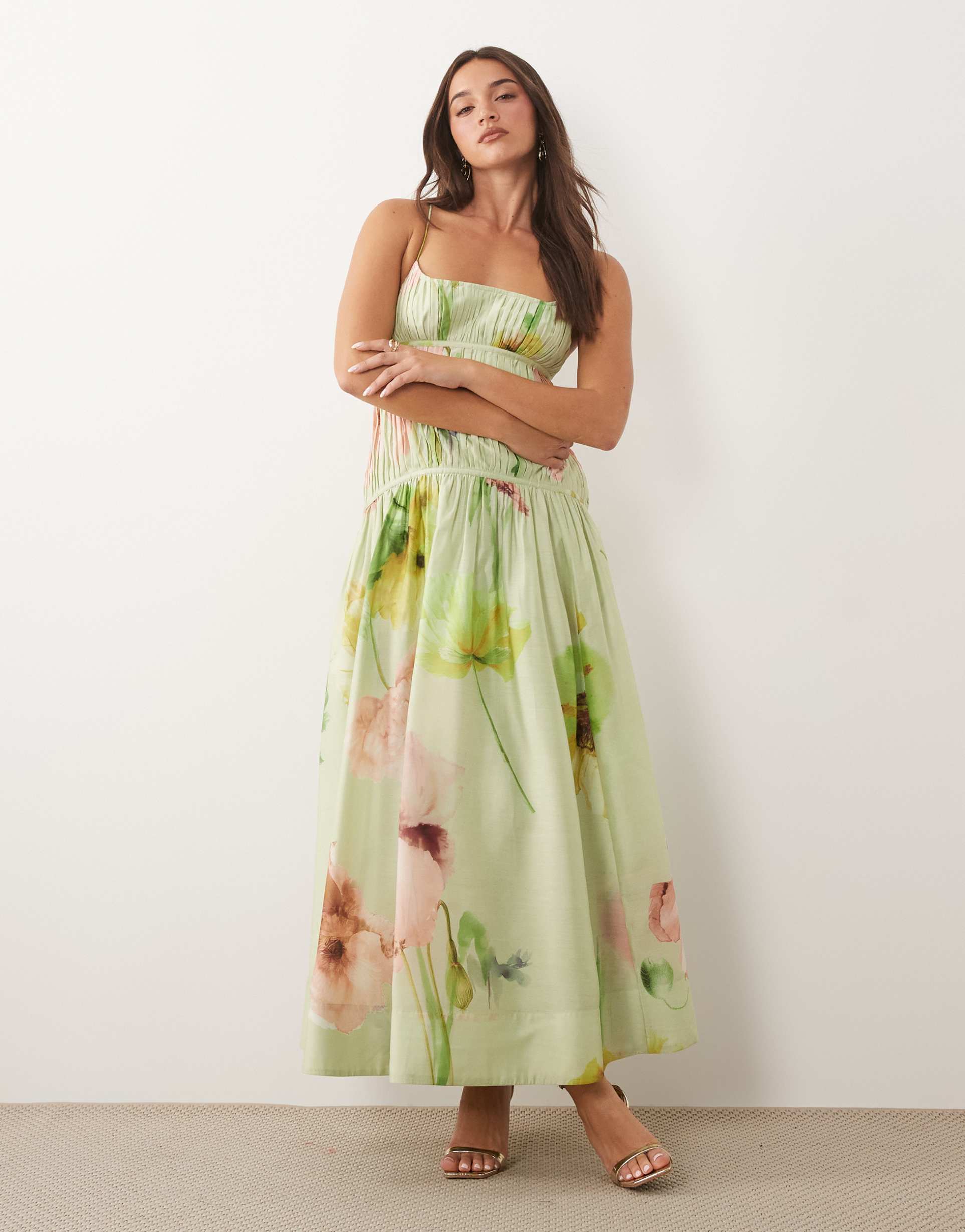 asos design ruched backless cami maxi dress in abstract print